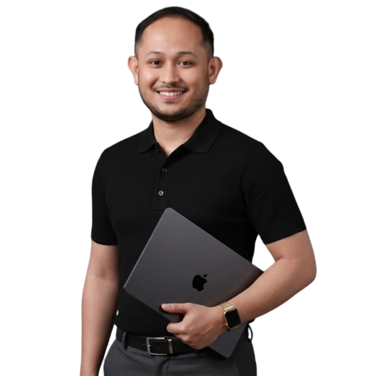 Carl Labajo, smiling, holding a laptop